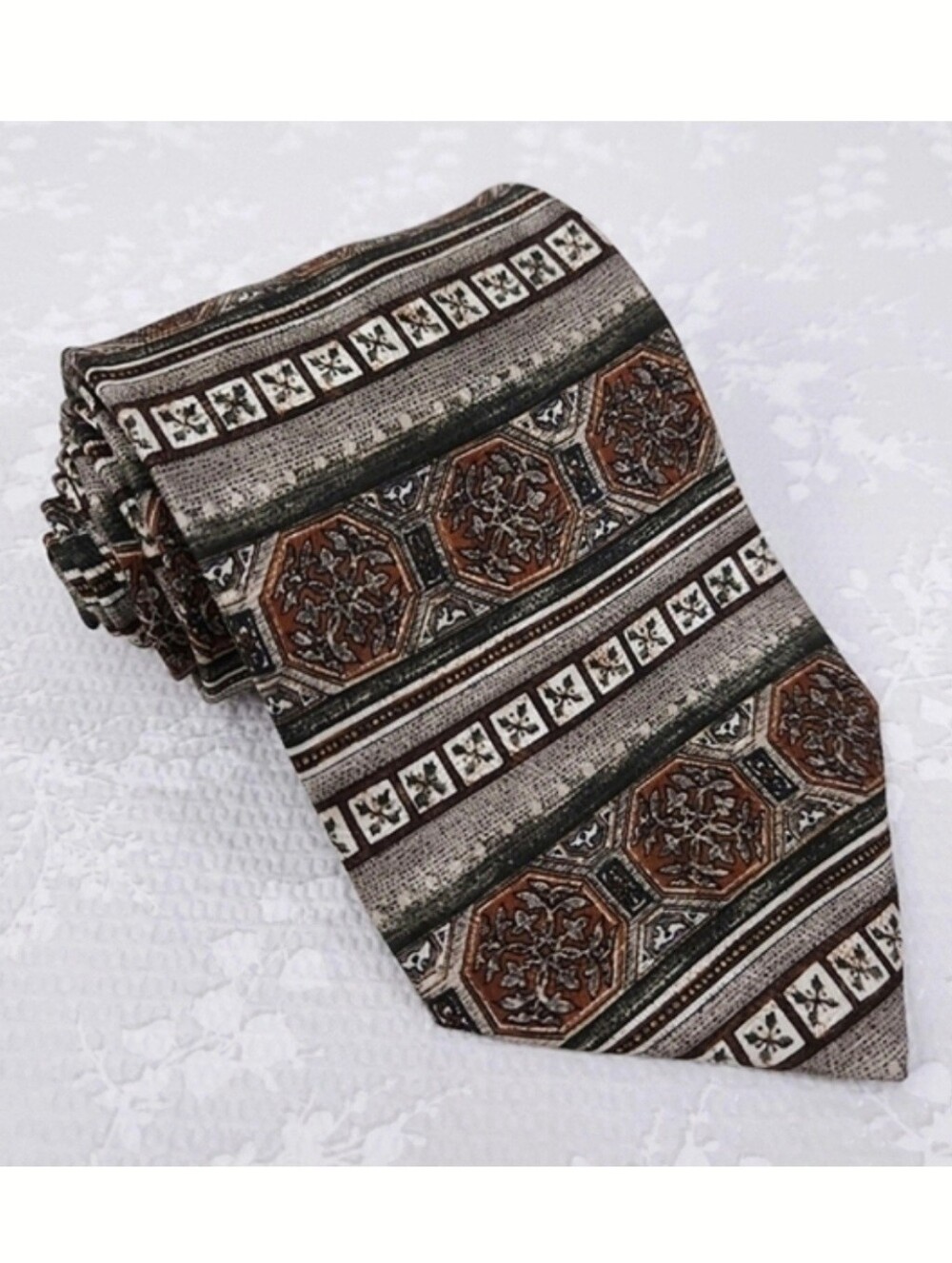 Van Heusen Silk Tie Brown Beige Red Geometric 57" x 4"